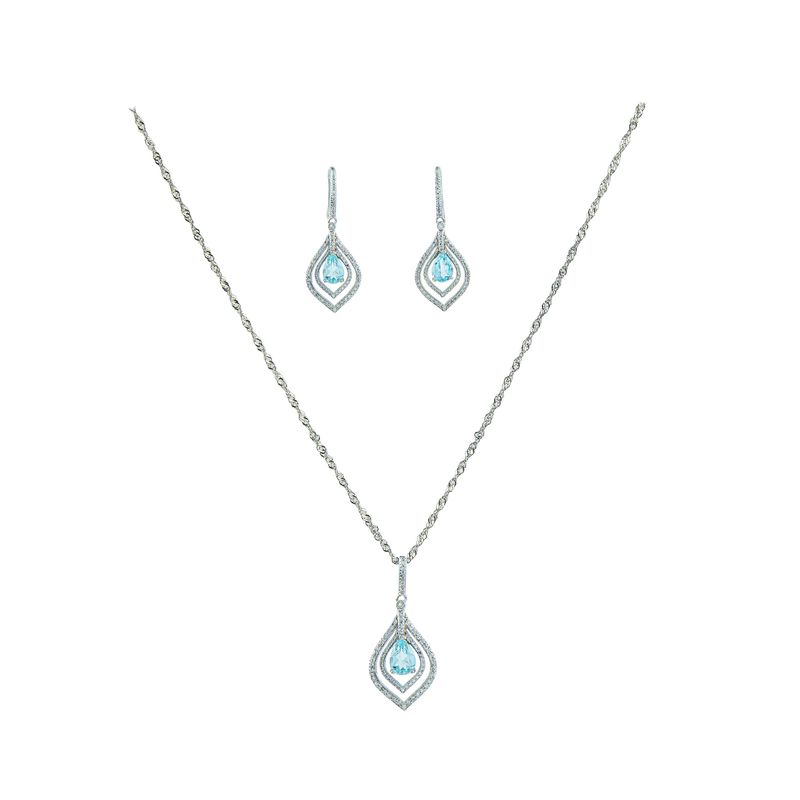 Platinum Plated Teardrop Blue Aquamarine Pendant, Necklace And Earrings Set
